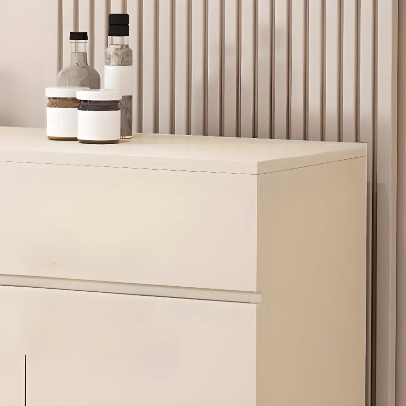 White Wooden Credenza with Drawers and Cabinets