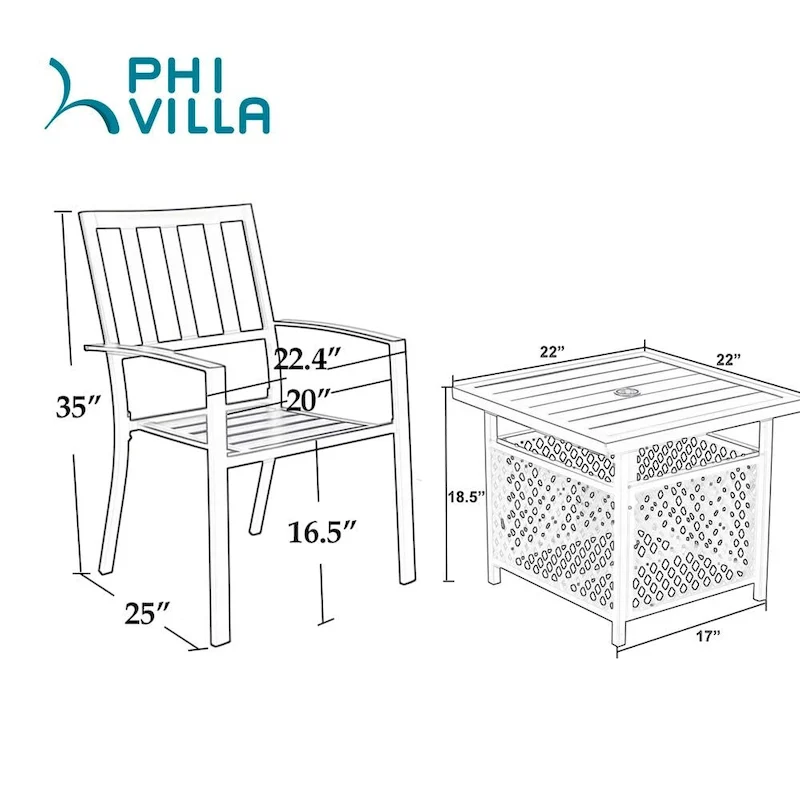 MAISON ARTS 3-Piece Patio Metal Dining Set of 2 Stackable Chairs and 1 Side table with Umbrella Hole