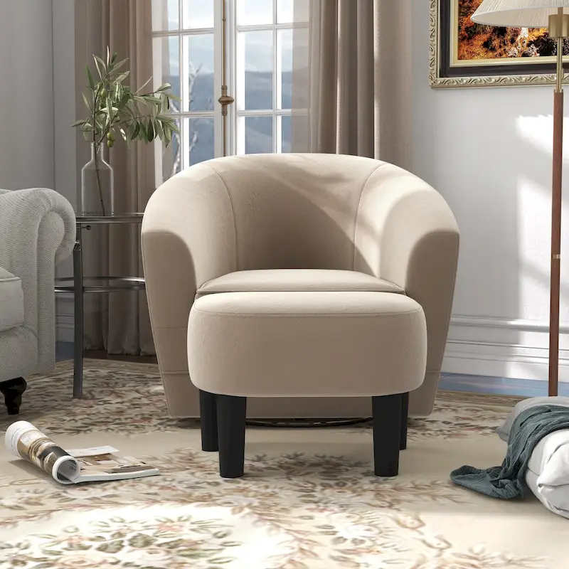 Swivel Accent Chair with Ottoman, Comfy Velvet 360 Degree Swivel Barrel Round Club Tub Sofa Chair for Bedroom Reading Room