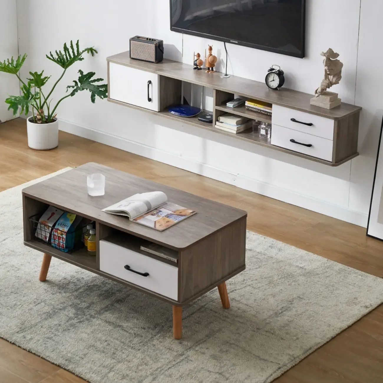 59 Grey Wooden Open Shelf Floating TV Stand with Drawers