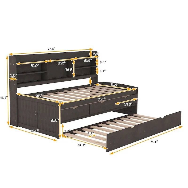 Twin Pine Captain Bed with Shelves, Drawers & Trundle