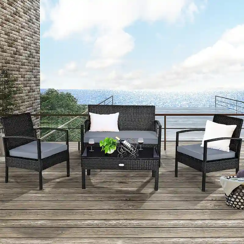 Costway 4PCS Patio Rattan Wicker Furniture Set Loveseat Sofa Cushioned