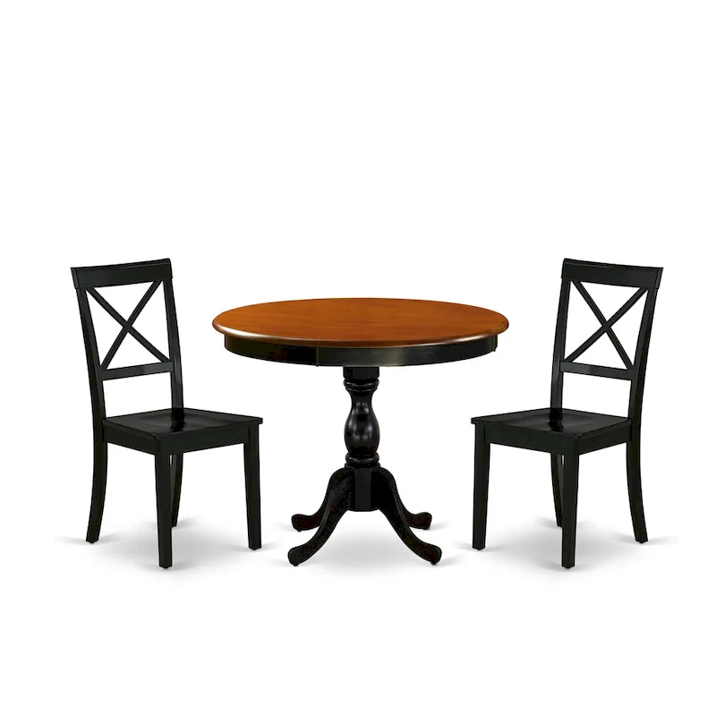 East West Furniture 3 Piece Kitchen Table Set- A Round Dining Table and Wooden Seat Chairs, Black & Cherry (Pieces Options)