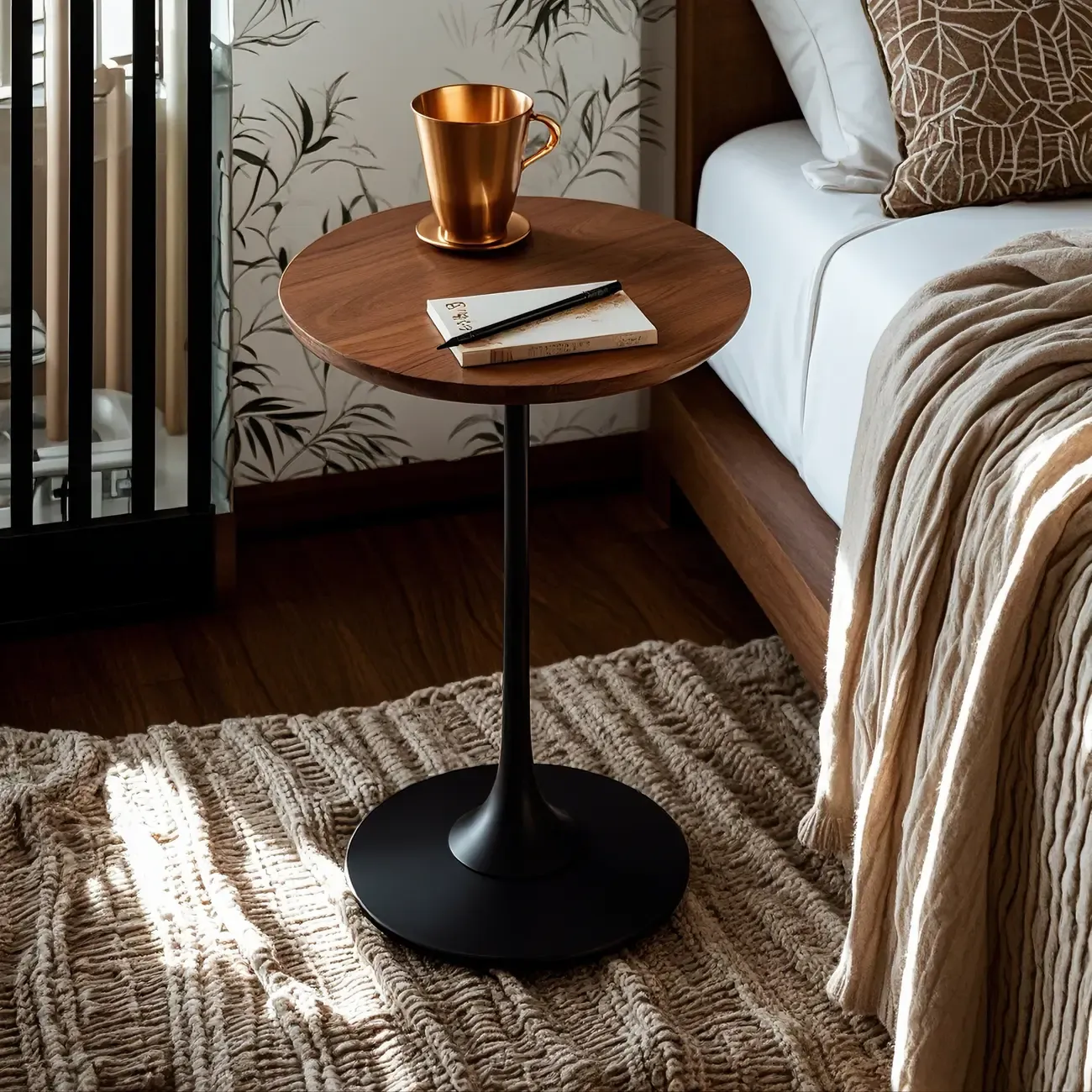 Minimalist Round Brown Wood End Table with Metal Base