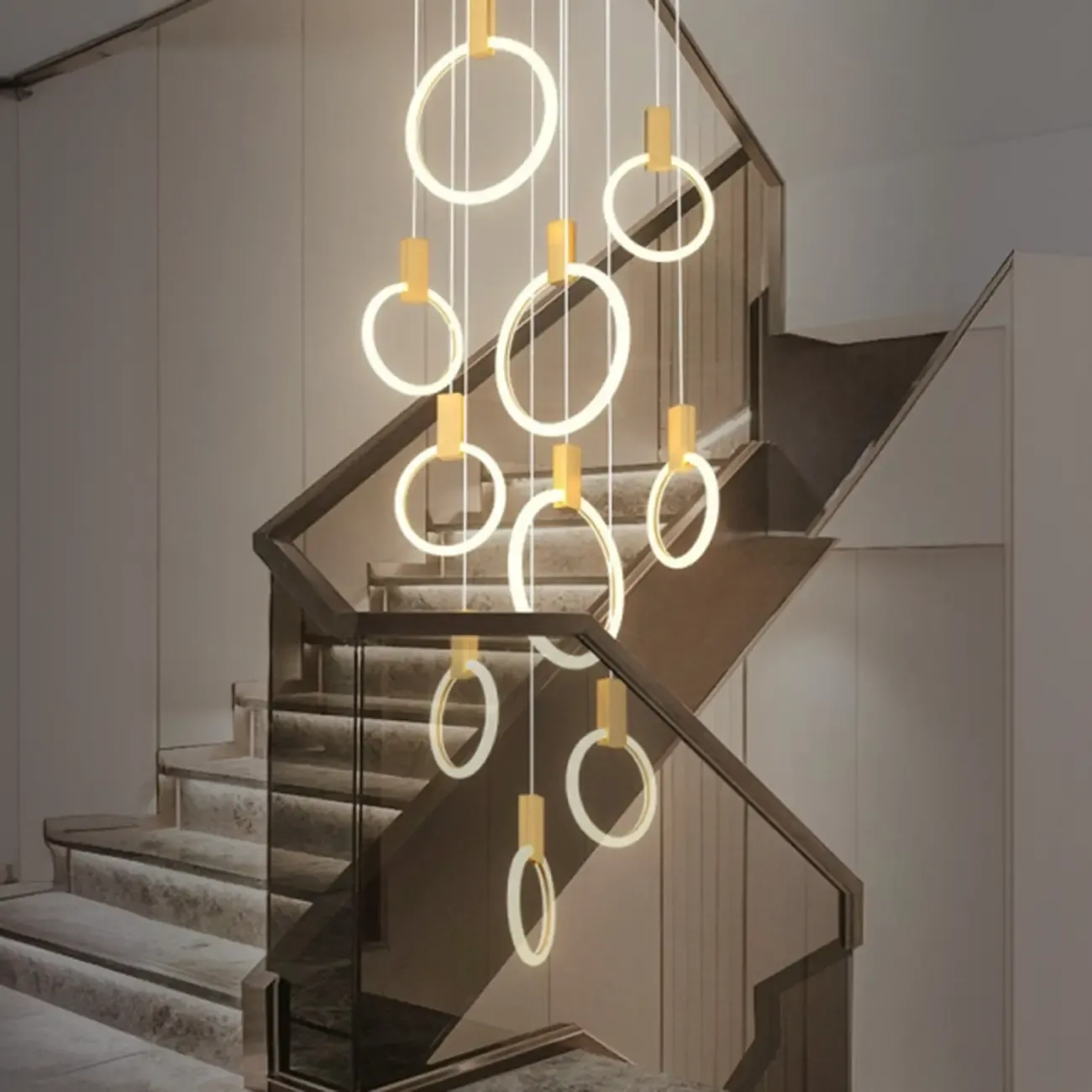 Customizable Gold Ring LED Cluster Pendant Light for Staircase
