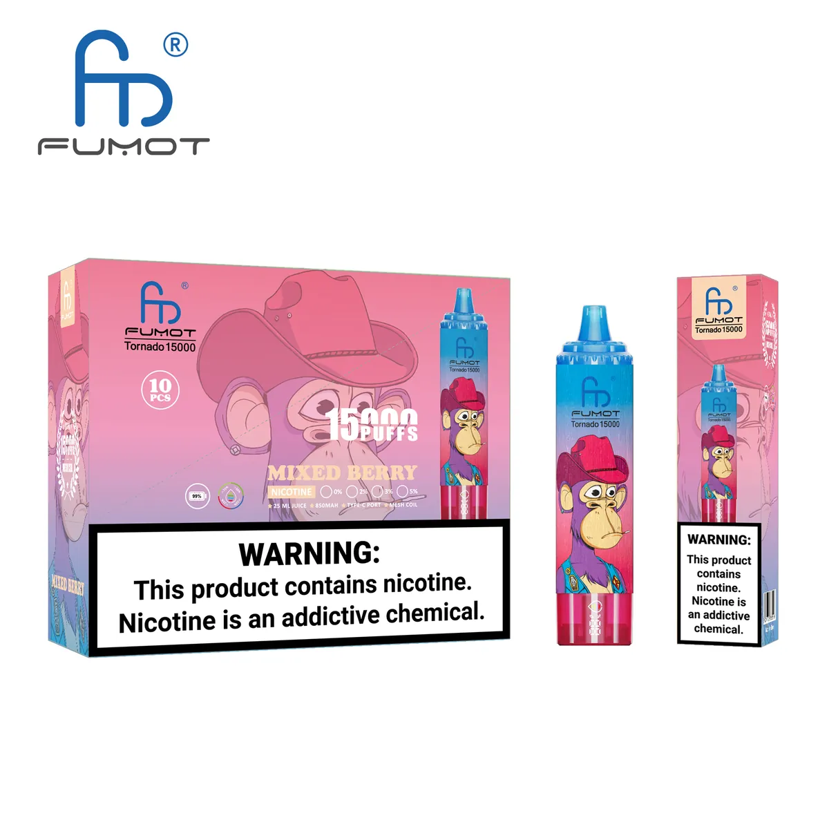 Fumot Tornado 15000 Mixed Berry – 10er-Displaybox mit Einweg-Vape und Einzelpackung