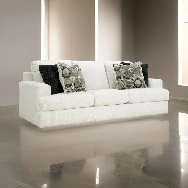 Henly 96 Inch Sofa, Oversized, 4 Accent Pillows, Soft White Polyester