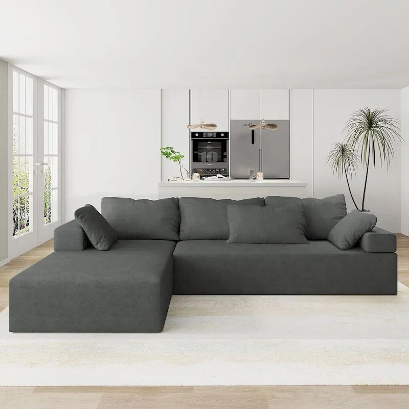 L-Shaped Chenille Sectional Sofa Modern Modular Cushion Back Couch Sofa With 6 Pillows for Living Room