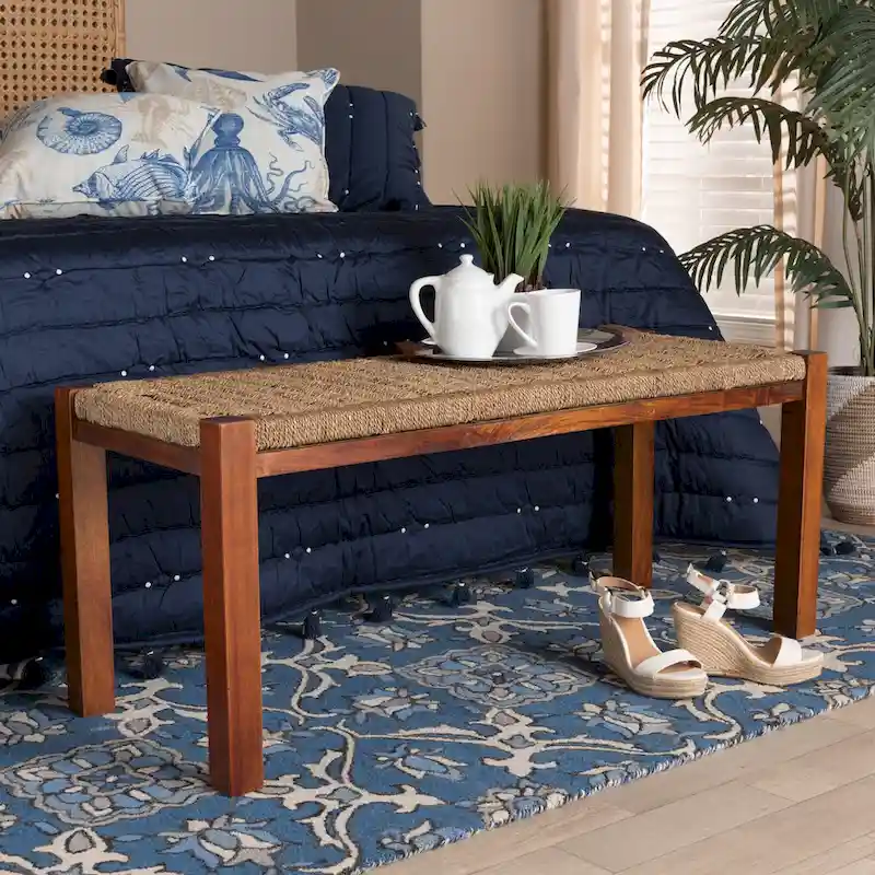 Hermes Mid-Century Modern Transitional Natural Seagrass and Mahogany Wood Bench