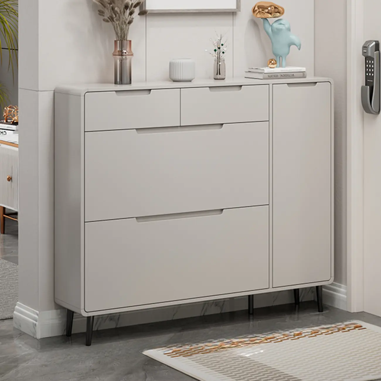 Drop-Front Beige Wood Entryway Shoe Cabinet with 2-Drawer