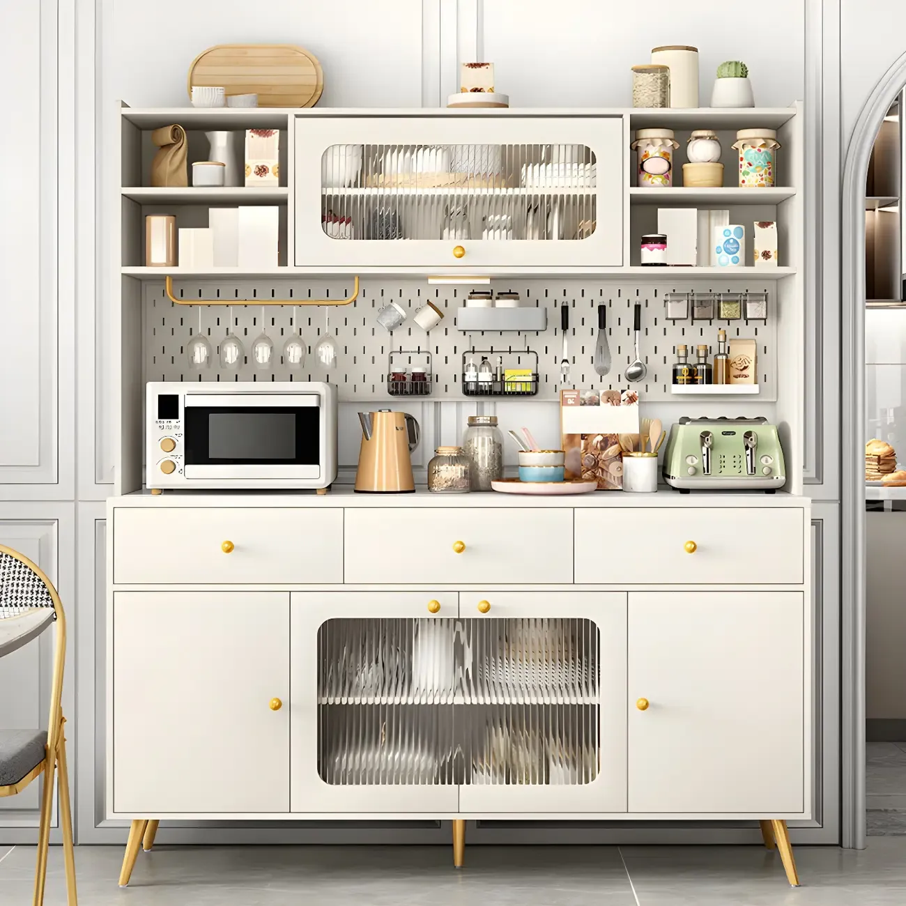 Modern Wood Cream White Hutch Cabinet with Glass Doors