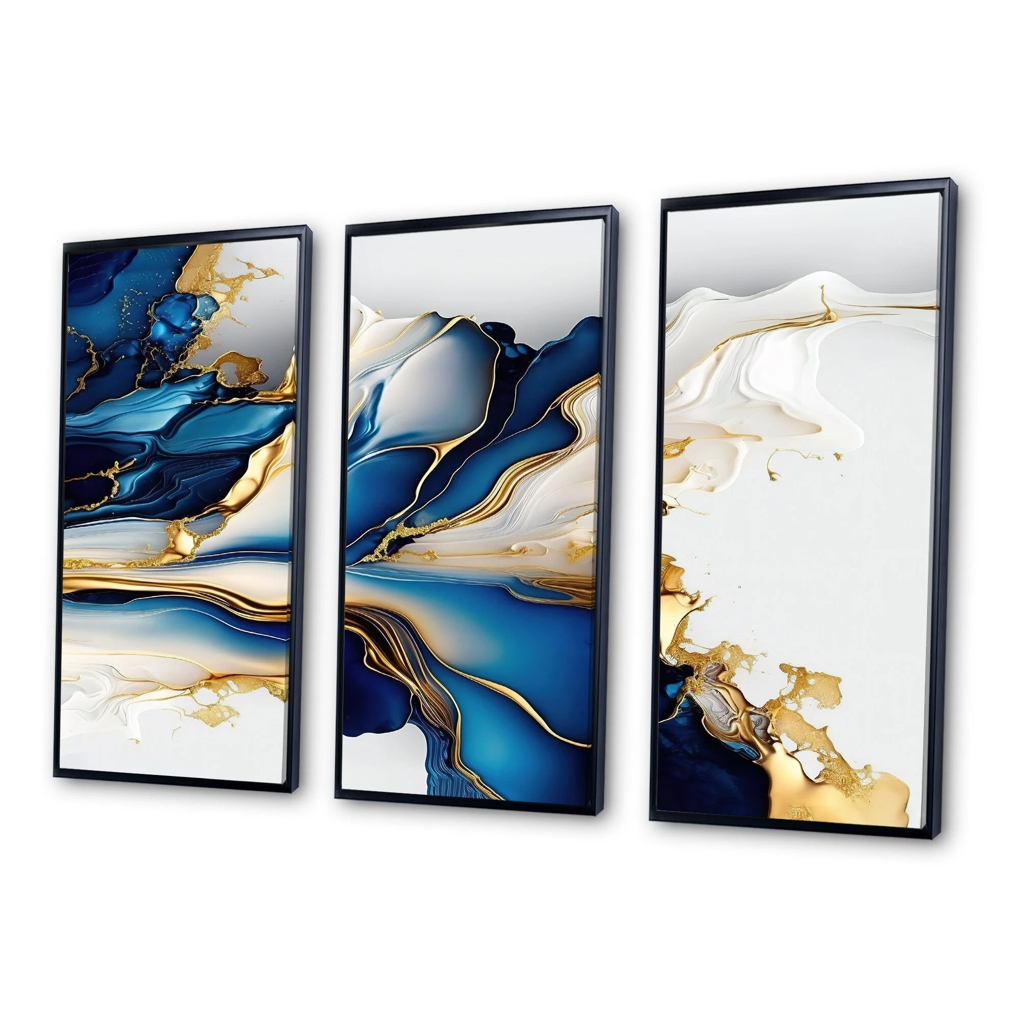 Designart Abstract Geode Gold And Blue Marble Shape III Modern Geometric Framed Canvas Art Print - 3 Panels