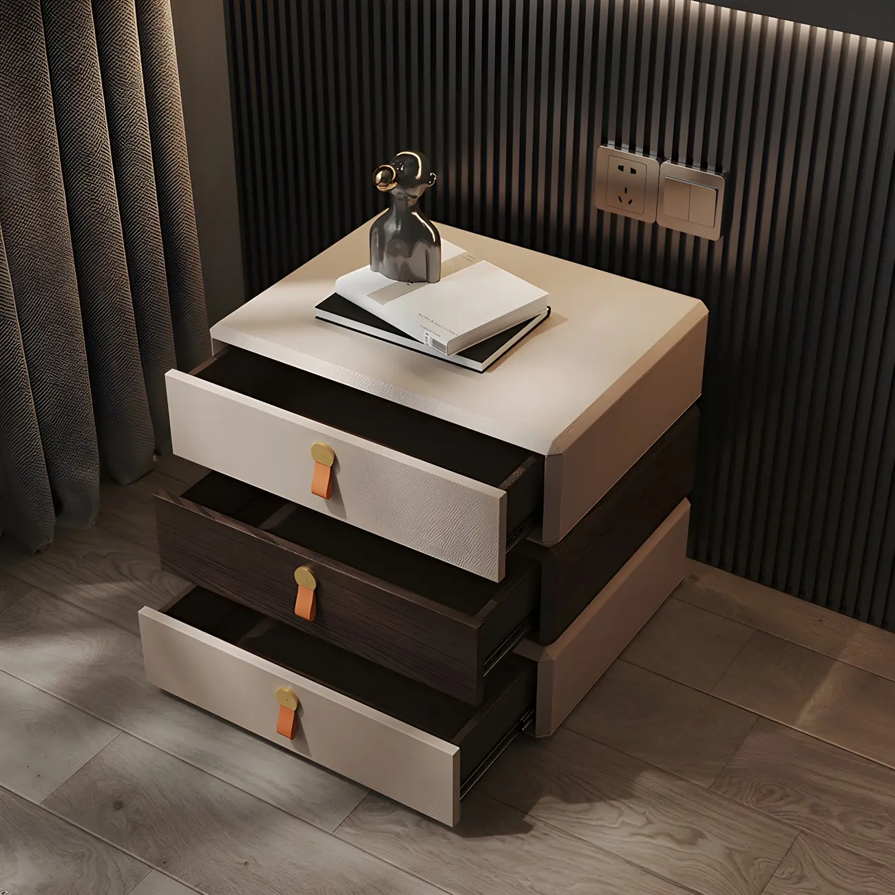 Stacked Beige Wood 3 Drawers Narrow Nightstand