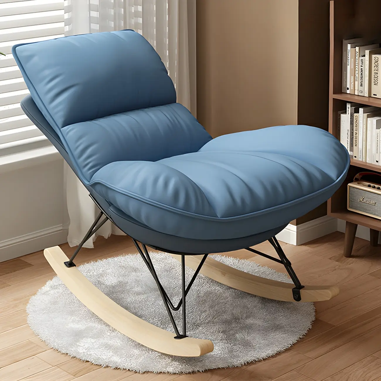 Natural Wood Upholstered Rocking Chair with Ottoman in White