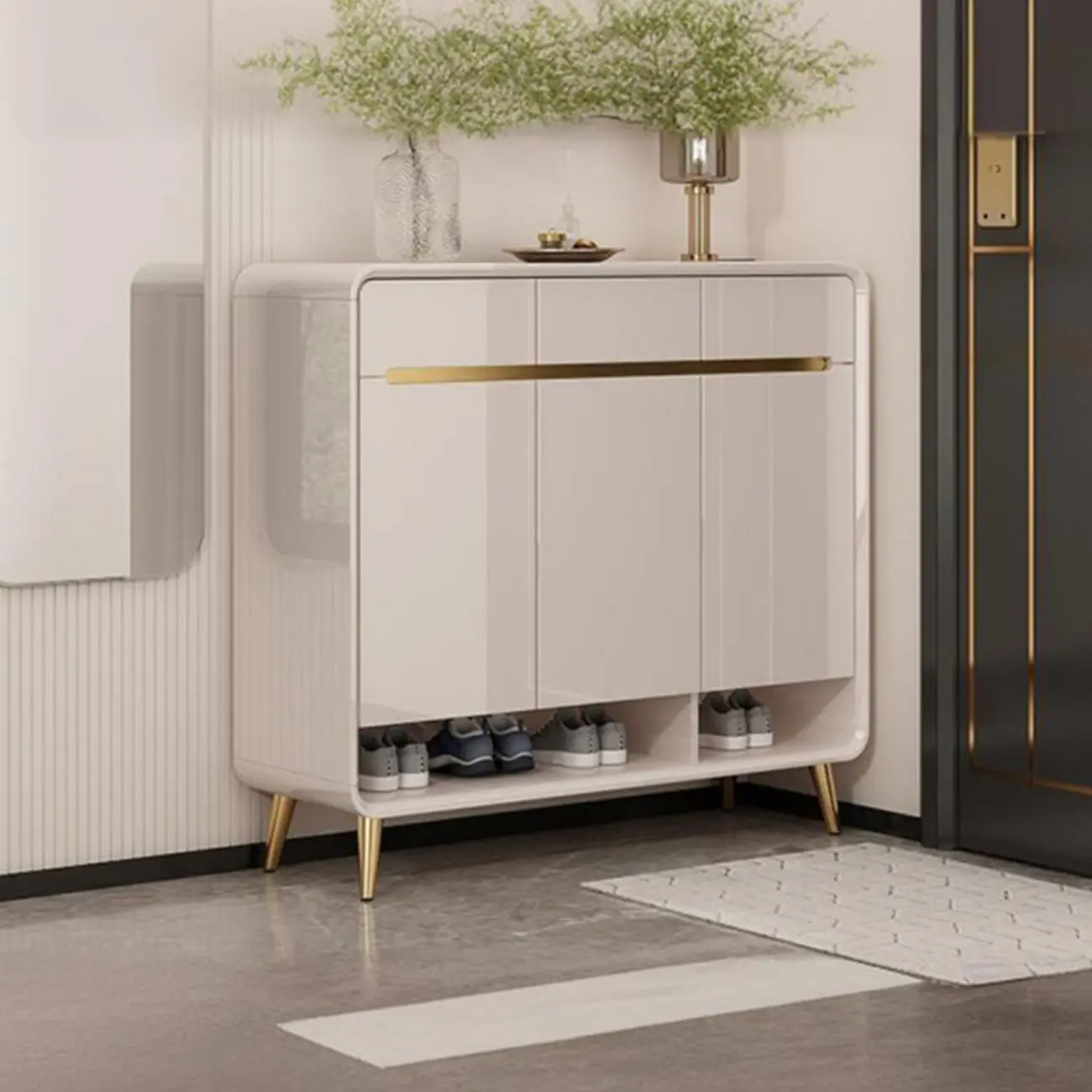 Glam Beige Solid Wood Shoe Cabinet with Display Top