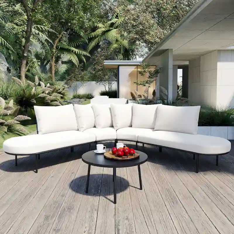 Iron Curved Sectional Sofa Set with Table and Cushions