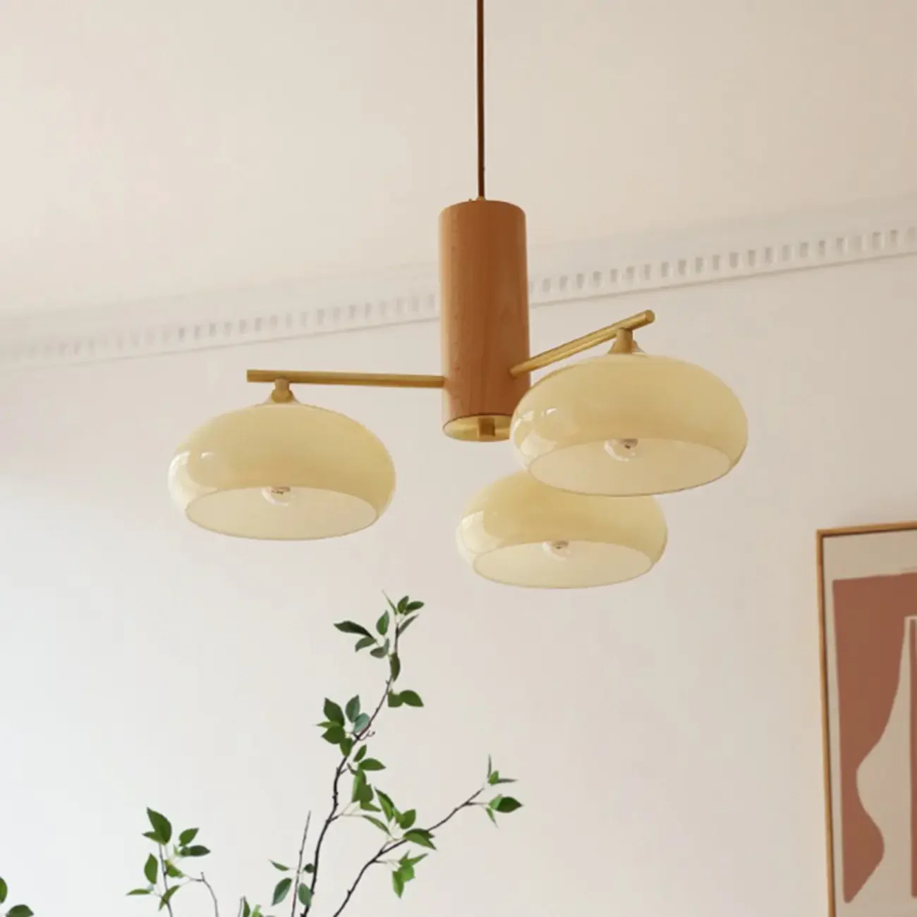 Contemporary Wood Milky Yellow Glass Chandelier