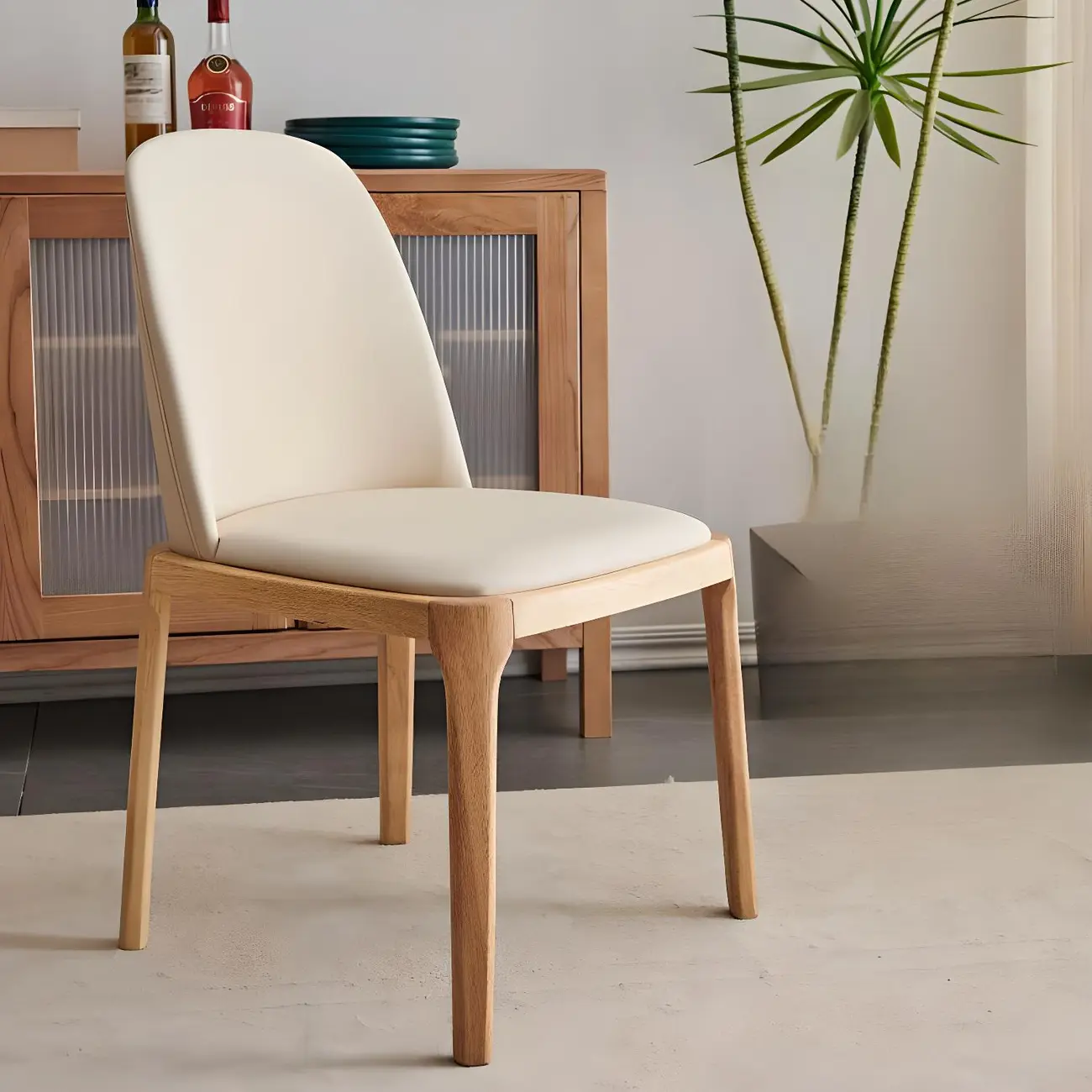 Cream Wood Faux Leather Solid Back Dining Chair