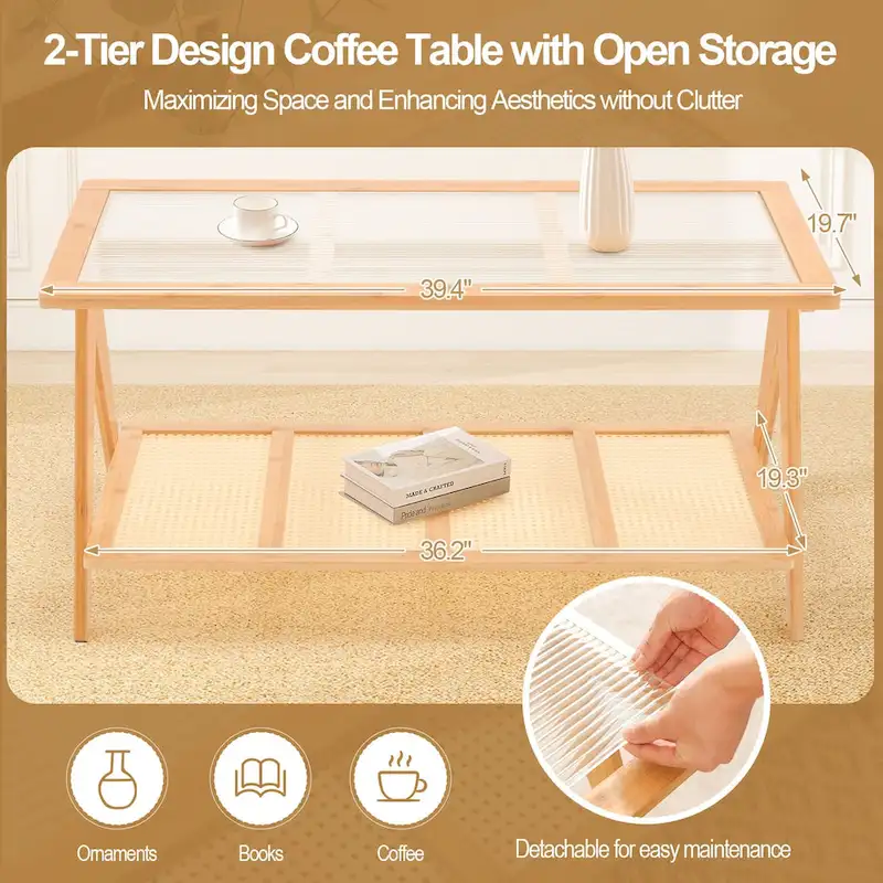 2-Tier Rectangular Coffee Table, Glass Top Sofa Table - 39.4L x 19.7W x 19.7D