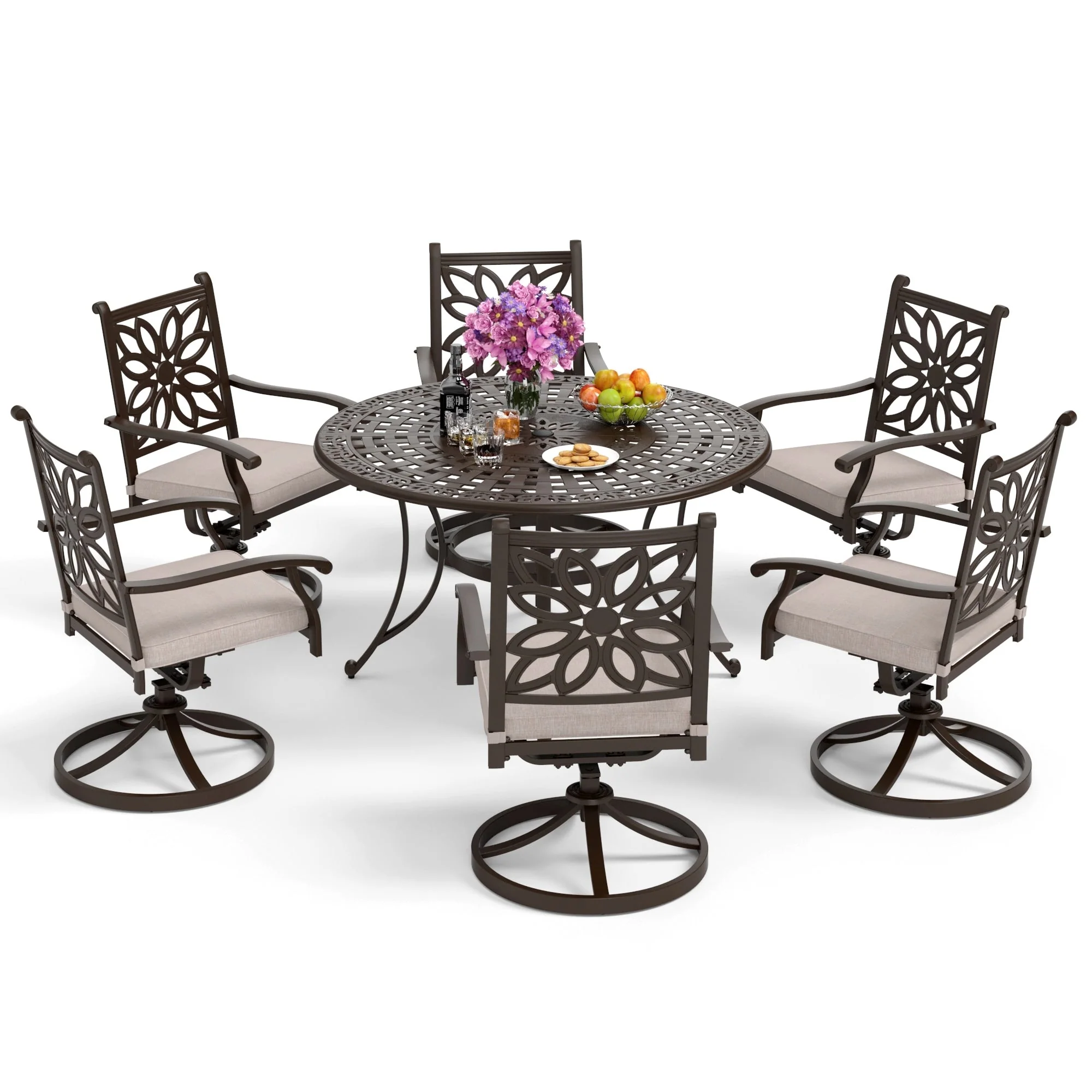 MAISON ARTS Cast Aluminum Dining Chairs/Patio Dining Set with Round Dining Table & 6 Cast Aluminum Patio Chairs