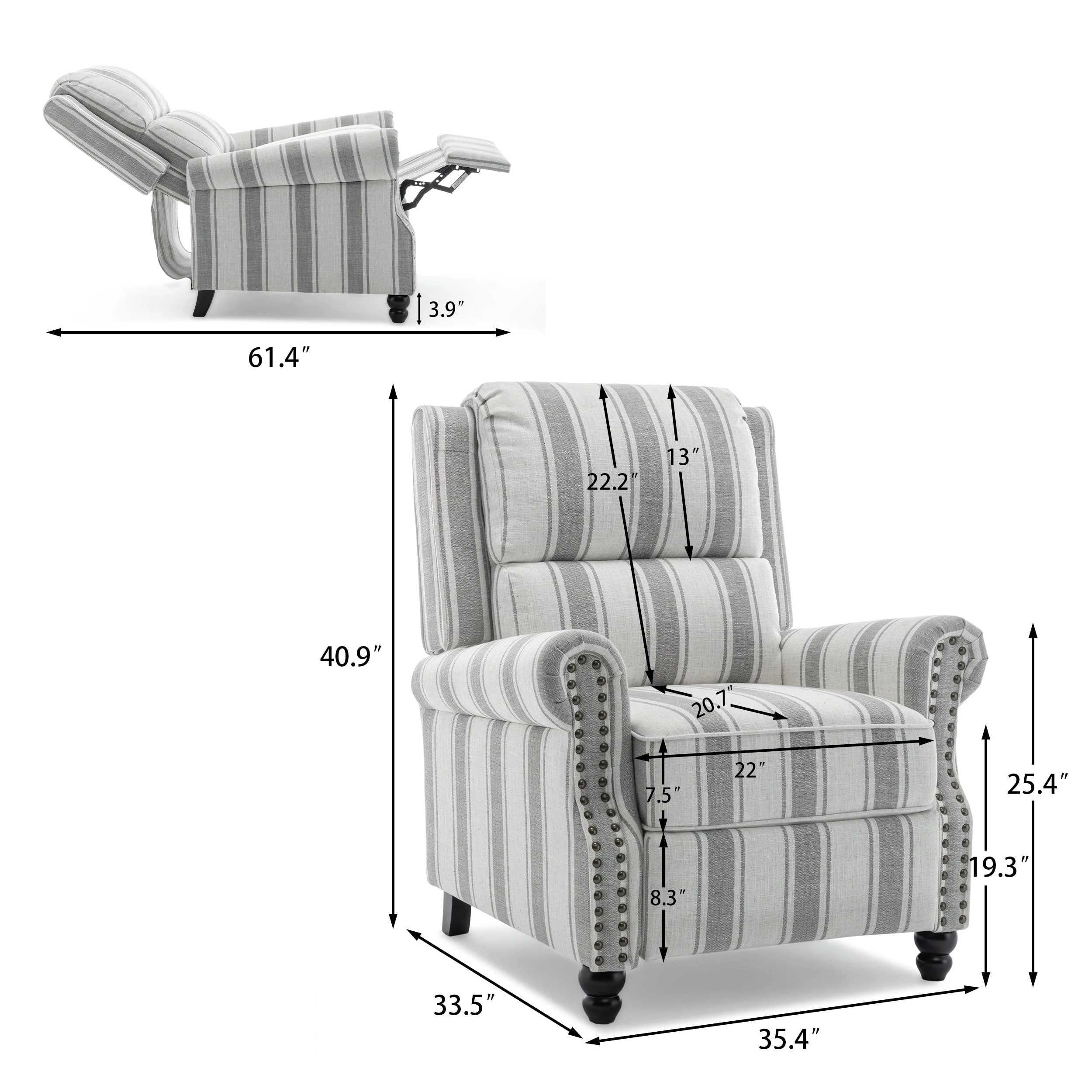 Manual Pushback Recliner Chairs with Nailhead Trim