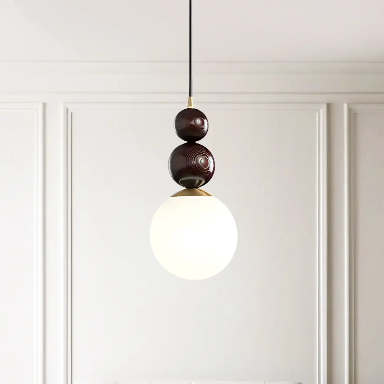 Modern White Glass Globe Pendant Light with Layered Black Bead