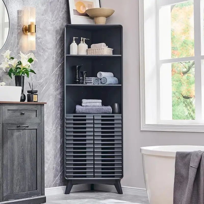 Slatted Door Tall Corner Cabinet, 68 Mid-Century Bathroom Cabinet