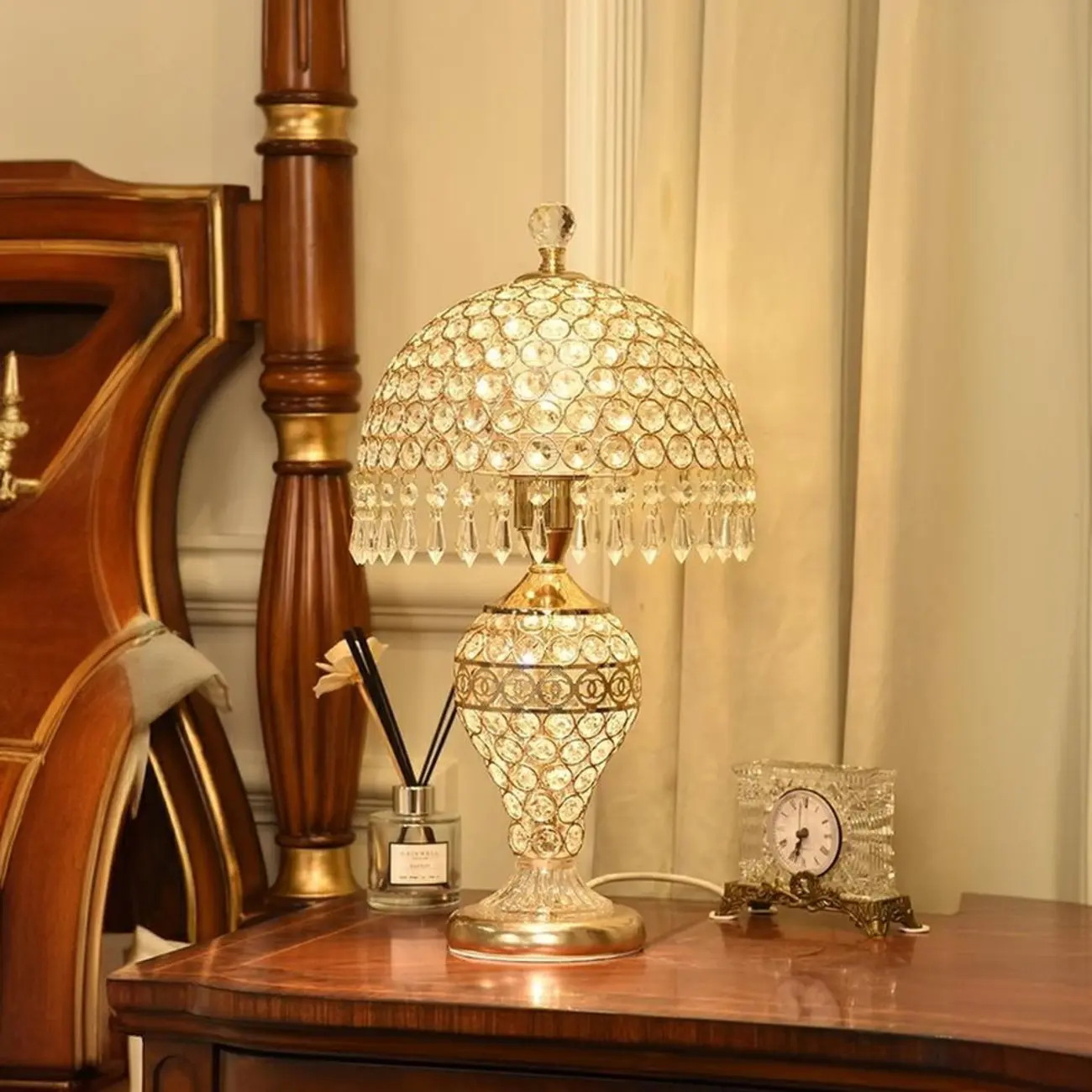 Traditional Luxurious Empire Gold Crystal Bedside Lamps