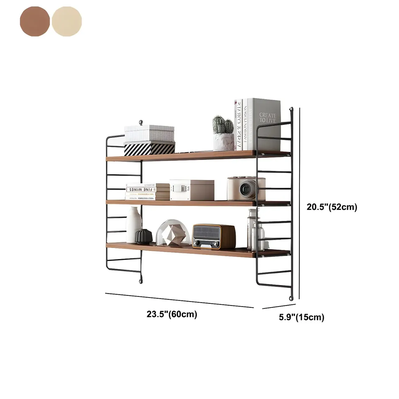 3-Shelf Nut-Brown Wall-Mounted Wood Open Bookcase