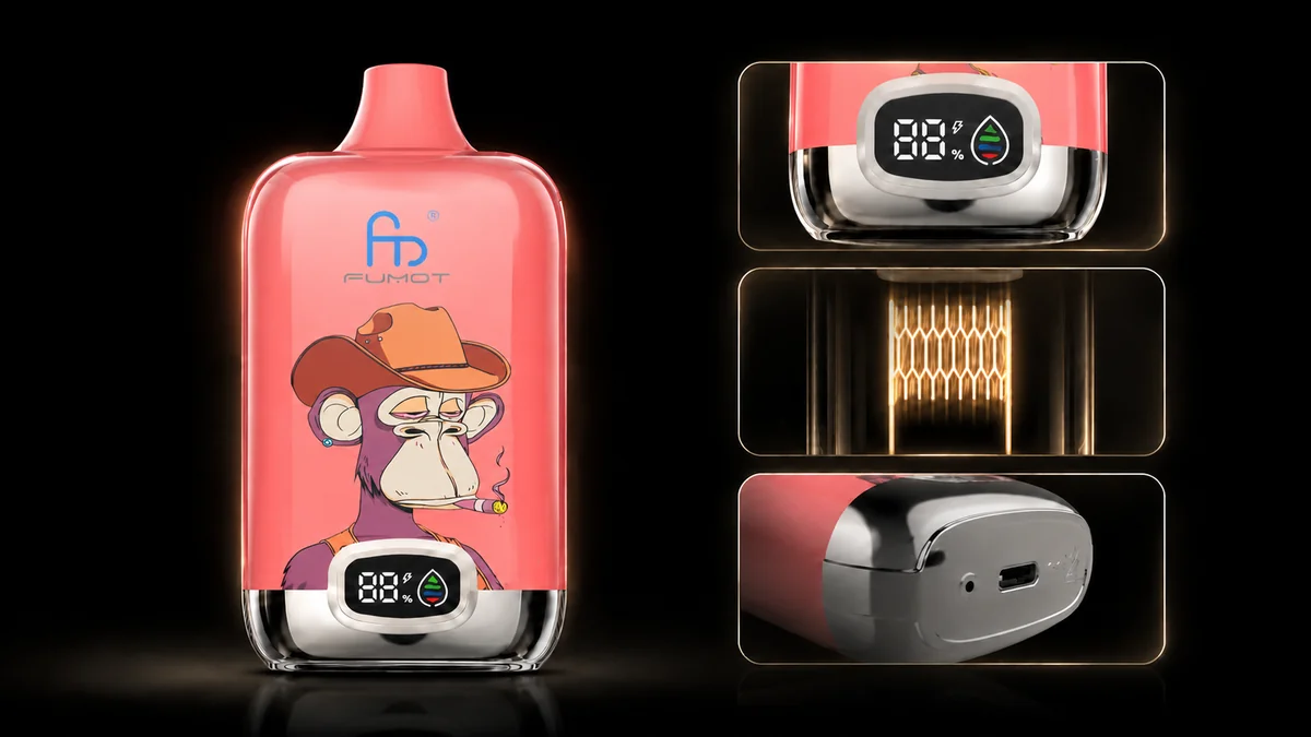 Fumot Digital Box 12000 Apple Berry Blast Vape Funktionsdetails mit Display, Mesh Coil und Ladeanschluss