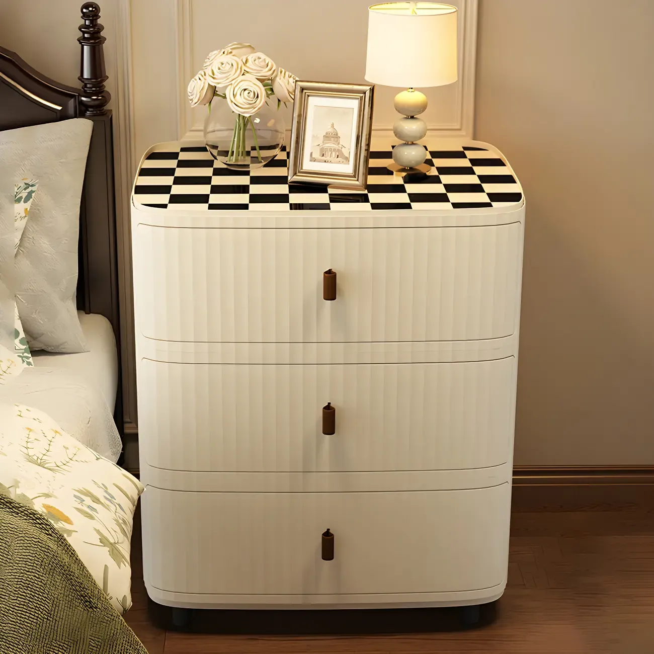 Modern Black And White Grid Top Nightstands with Drawers