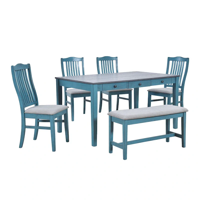6-Piece Wooden Dining Table Set with 4 Chairs & Bench, Table with Drawer