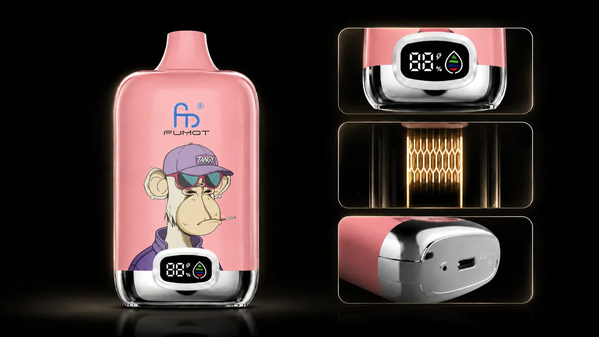 Fumot Digital Box 12000 Ice Tea Peach Ice Vape Funktionsdetails mit Display, Mesh Coil und Ladeanschluss