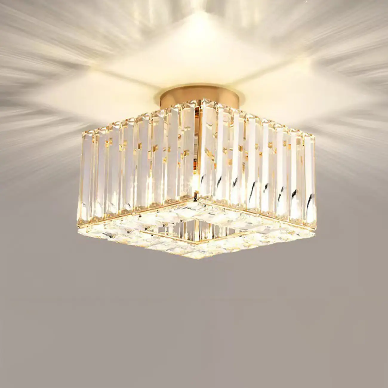 Modern Gold Square Crystal Semi Flush Ceiling Light
