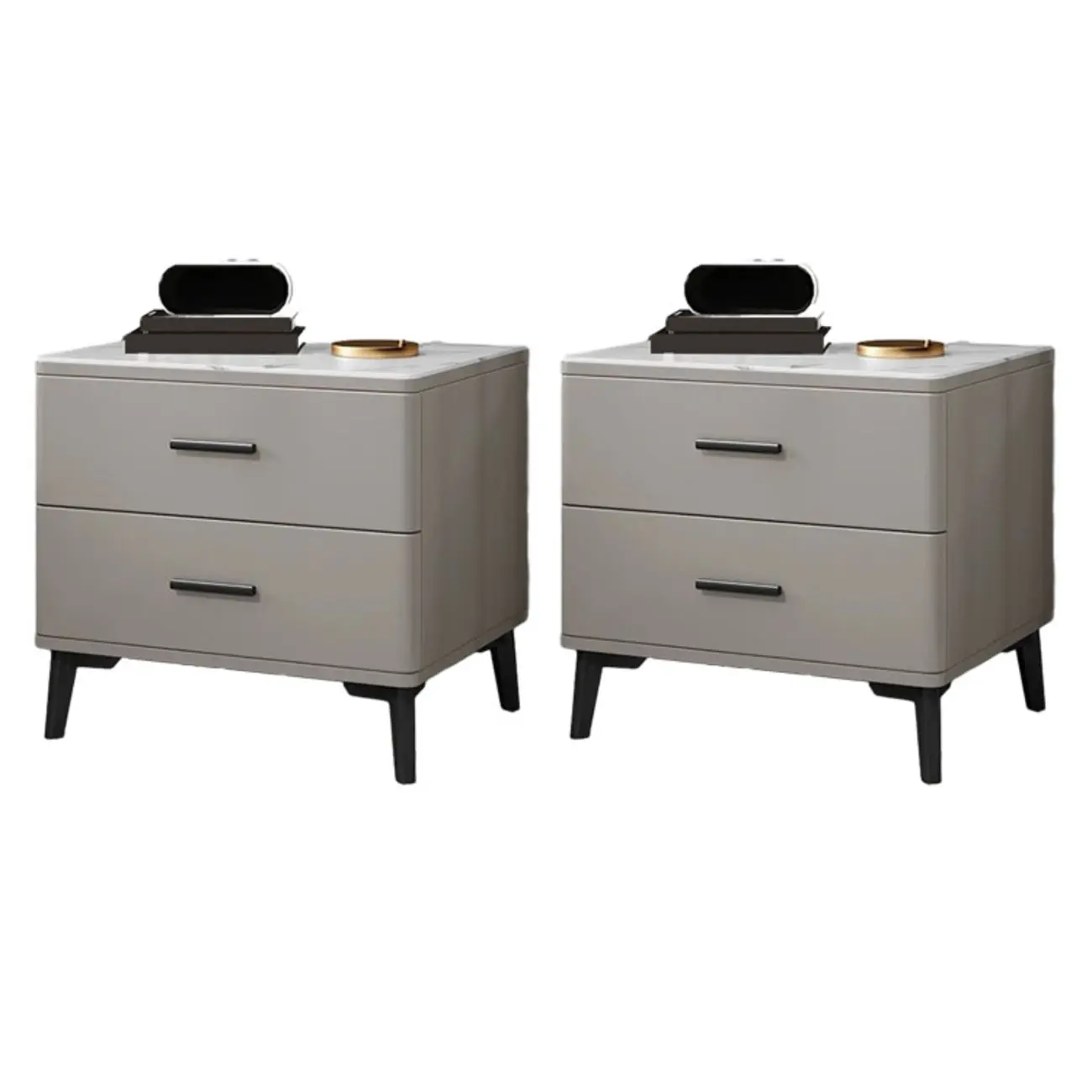 Modern White Stone Top Oak 2-Drawer Nightstand