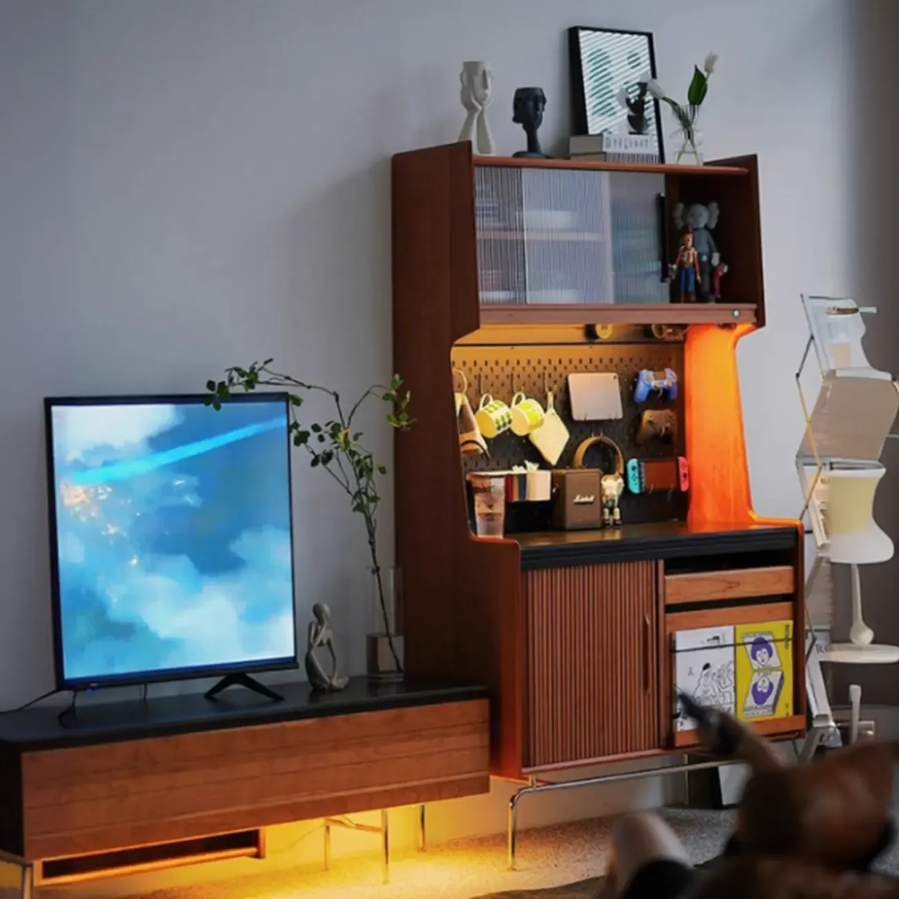 Scandinavian Cherry Pine Buffet Sideboard Open Storage