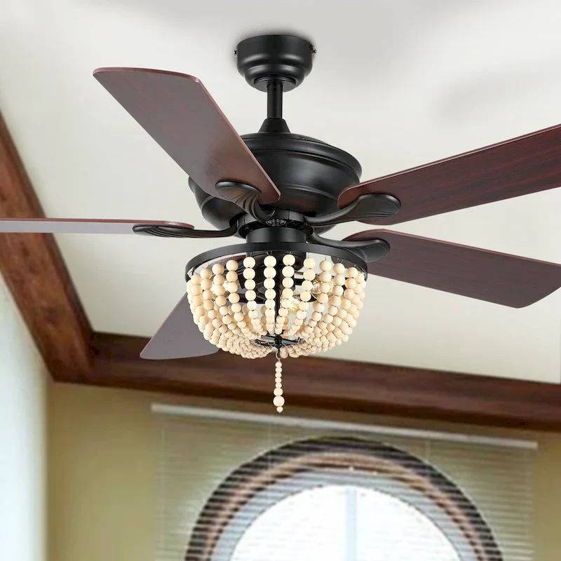 Quinn 52  3-Light Rustic Farmhouse Iron/Wood Bead Mobile-App/Remote-Controlled LED Ceiling Fan, by JONATHAN Y