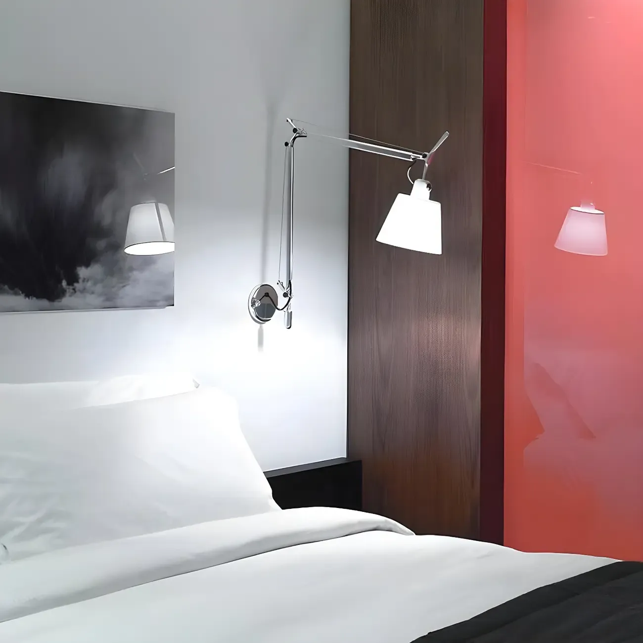 Industrial Silver Swing Arm Wall Light with White Fabric Shade