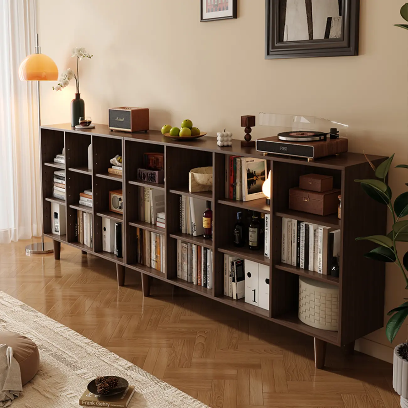 Wide 7-Shelf Modern Wooden Nut-Brown Open Bookcase