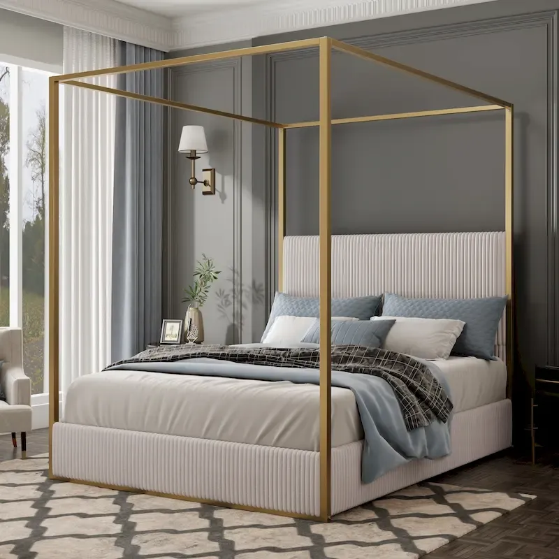 Contemporary Corduroy Upholstered Canopy Bed with Tall Headboard & Sleek Metal Frame