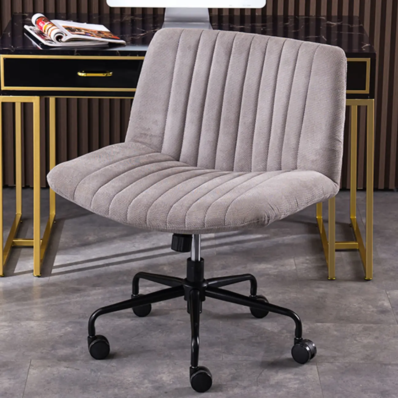 Elegant Gray Linen Upholstered Swivel Office Chair