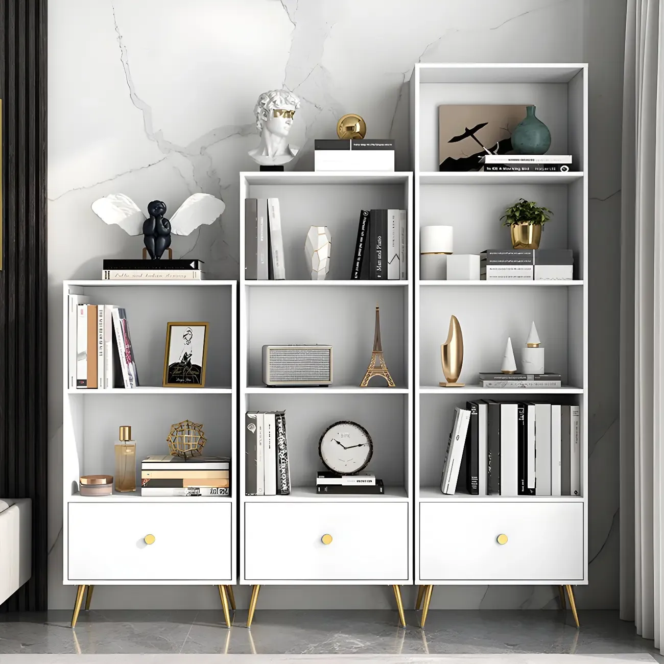 White Metal 2/3/4-Tier Open Bookcase with Drawer