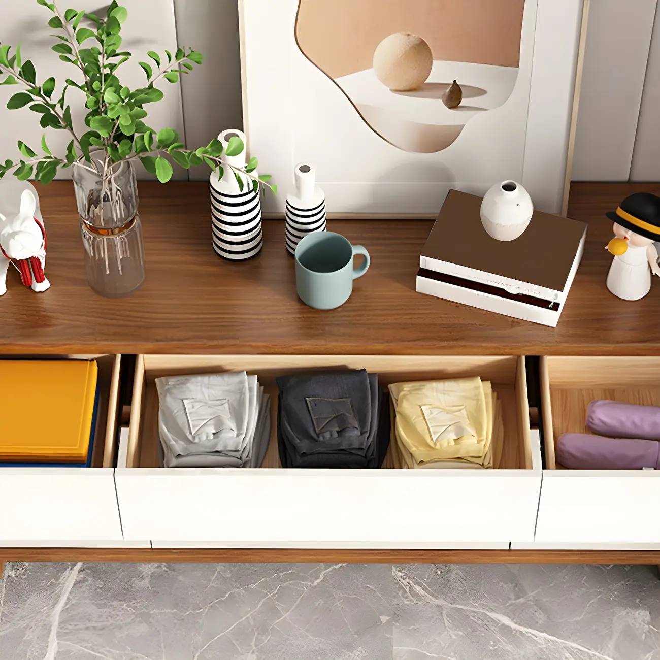 Traditional White-Brown Wooden Double Dresser Arched Edge