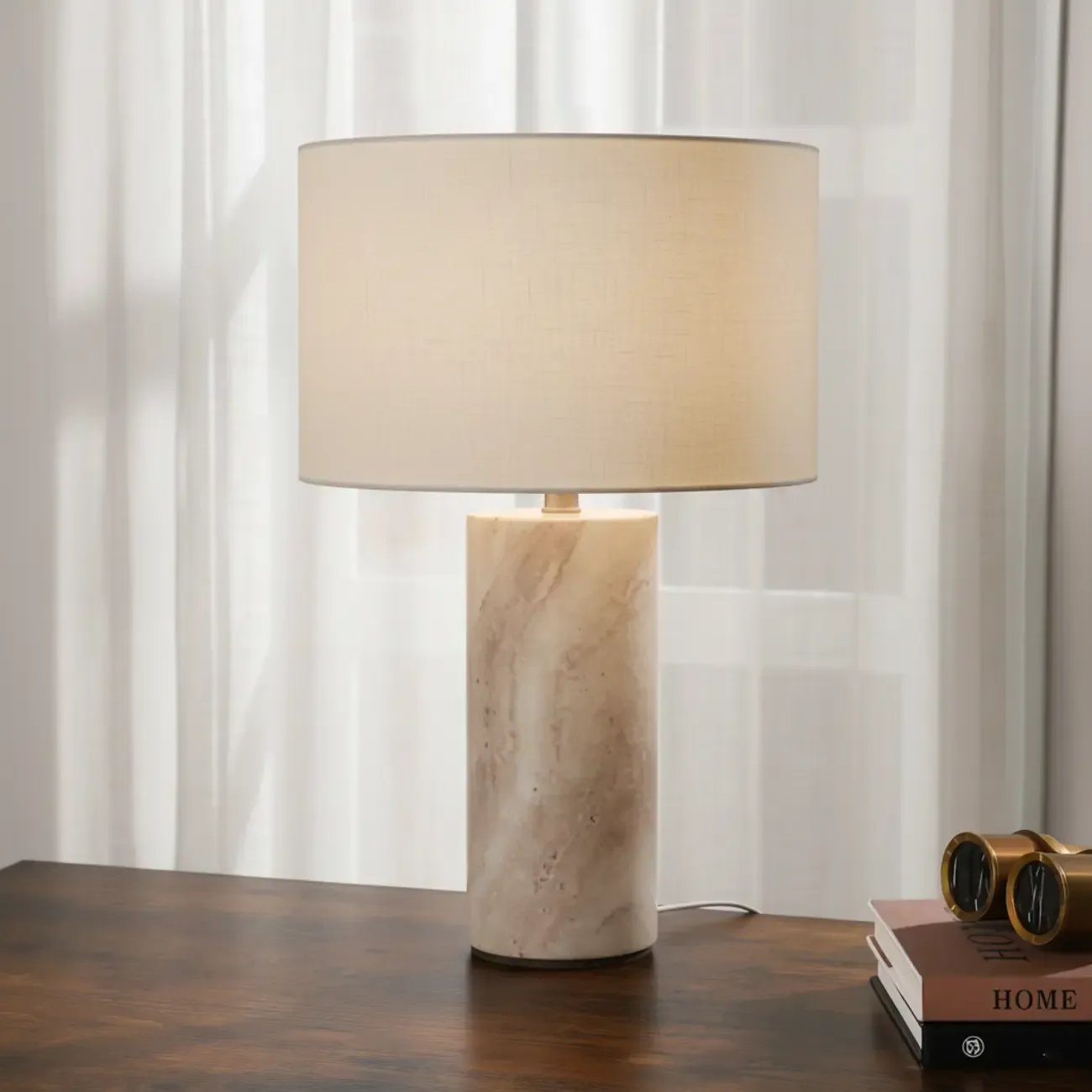 Modern Yellow Travertine Table Lamp with Fabric Shade