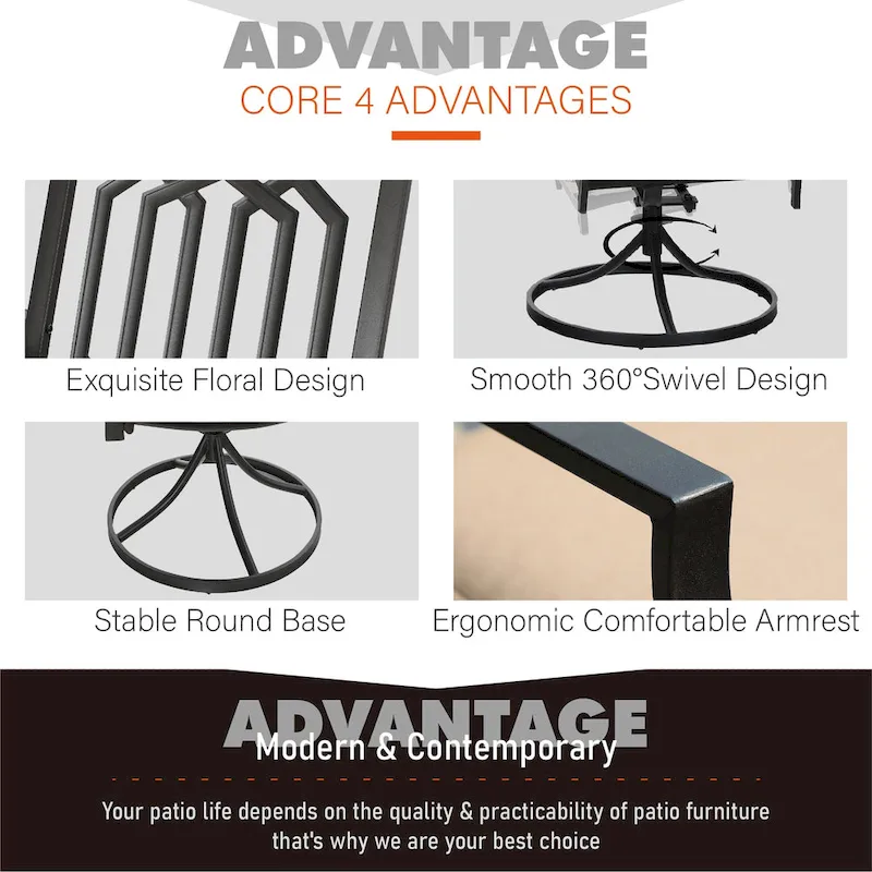 MAISON ARTS 5 Piece Metal Patio Dining Set, 4 Swivel Armrest Chairs with Cushion and 37.8 Round Table with 1.57 Umbrella Hole