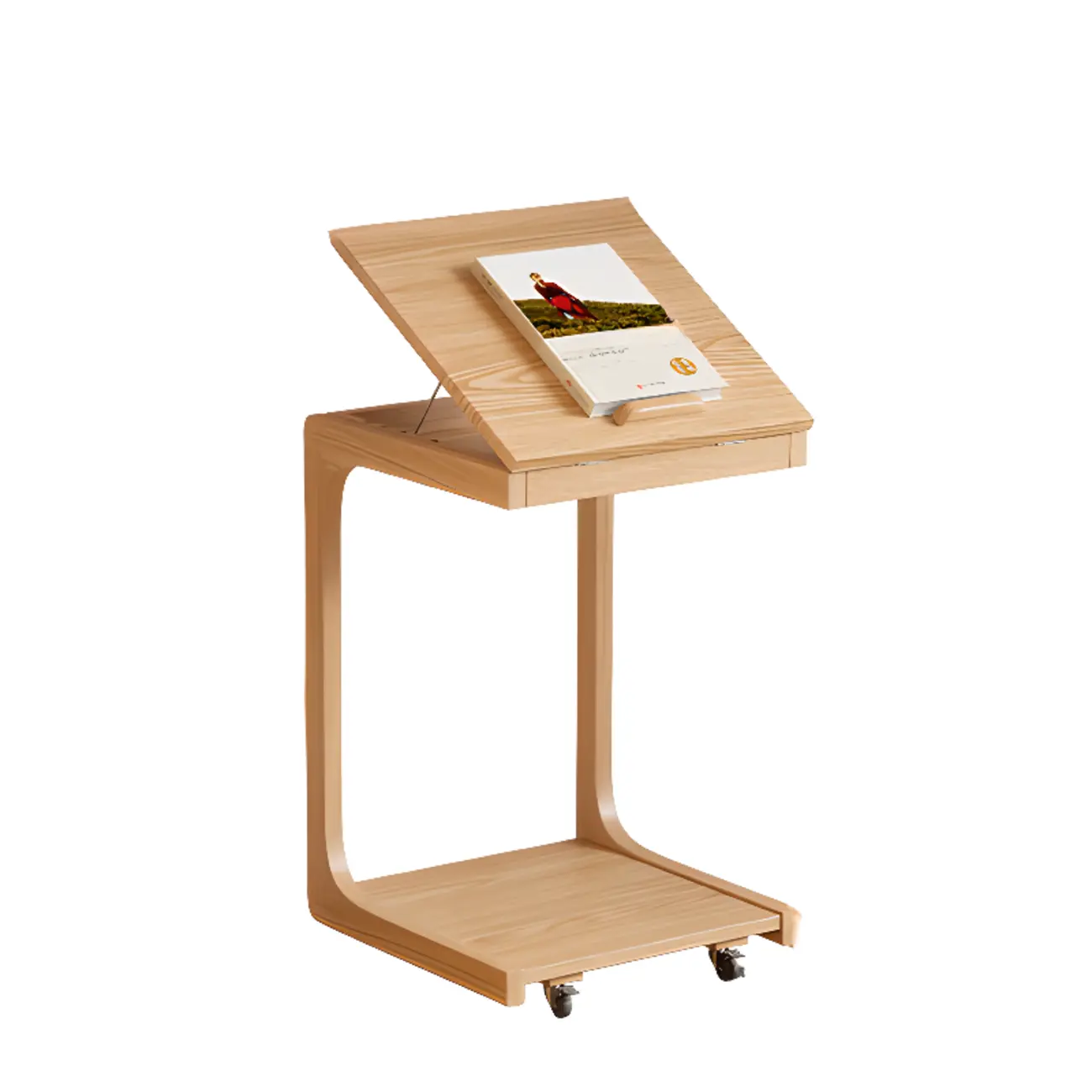 Scandinavian Wooden Flip-Top C-Shaped Side Table with Wheels