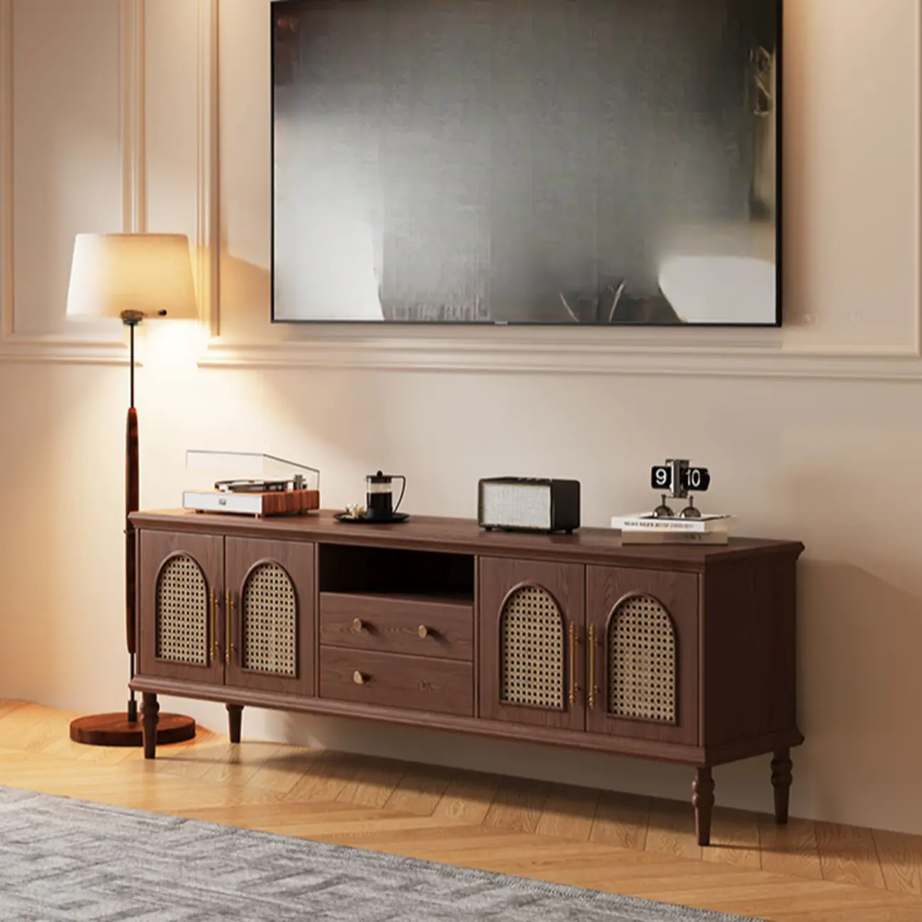 Traditional Wood Long Black TV Stand with Rattan Doors