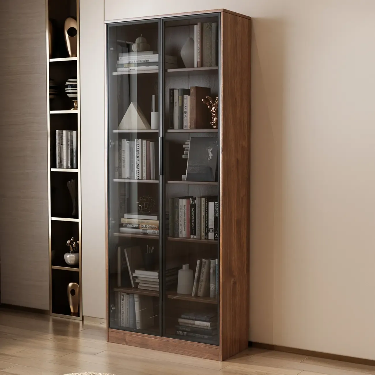 Traditional Brown Pecan Wood Bookcase with Drawers