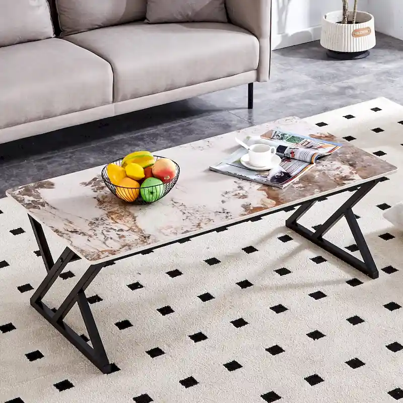 47 Modern Rectangular Coffee Table with Sintered Stone Tabletop and X-shaped Metal Legs