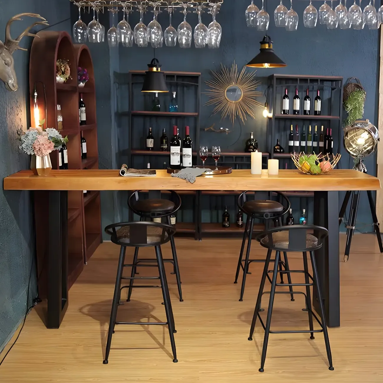 Industrial Brown Pine Rectangular Bar Table with Metal Sled Base